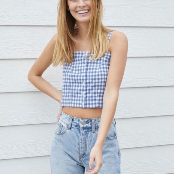 John Galt / Brandy Melville Gingham Crop top in Light Blue - VGUC - Picture 1 of 9